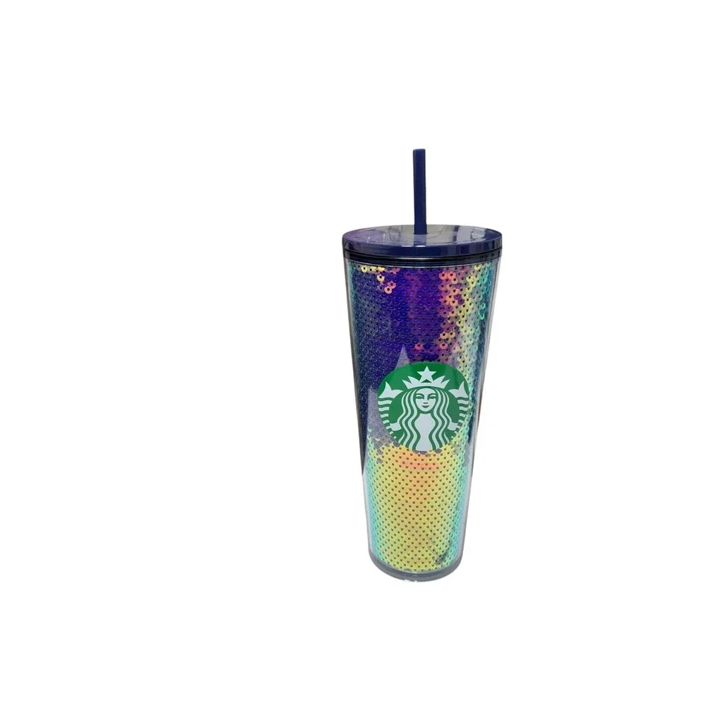 NEW‎ Starbucks Purple Dark Sequins Holiday 2020 Cold Cup 24oz Tumbler Straw